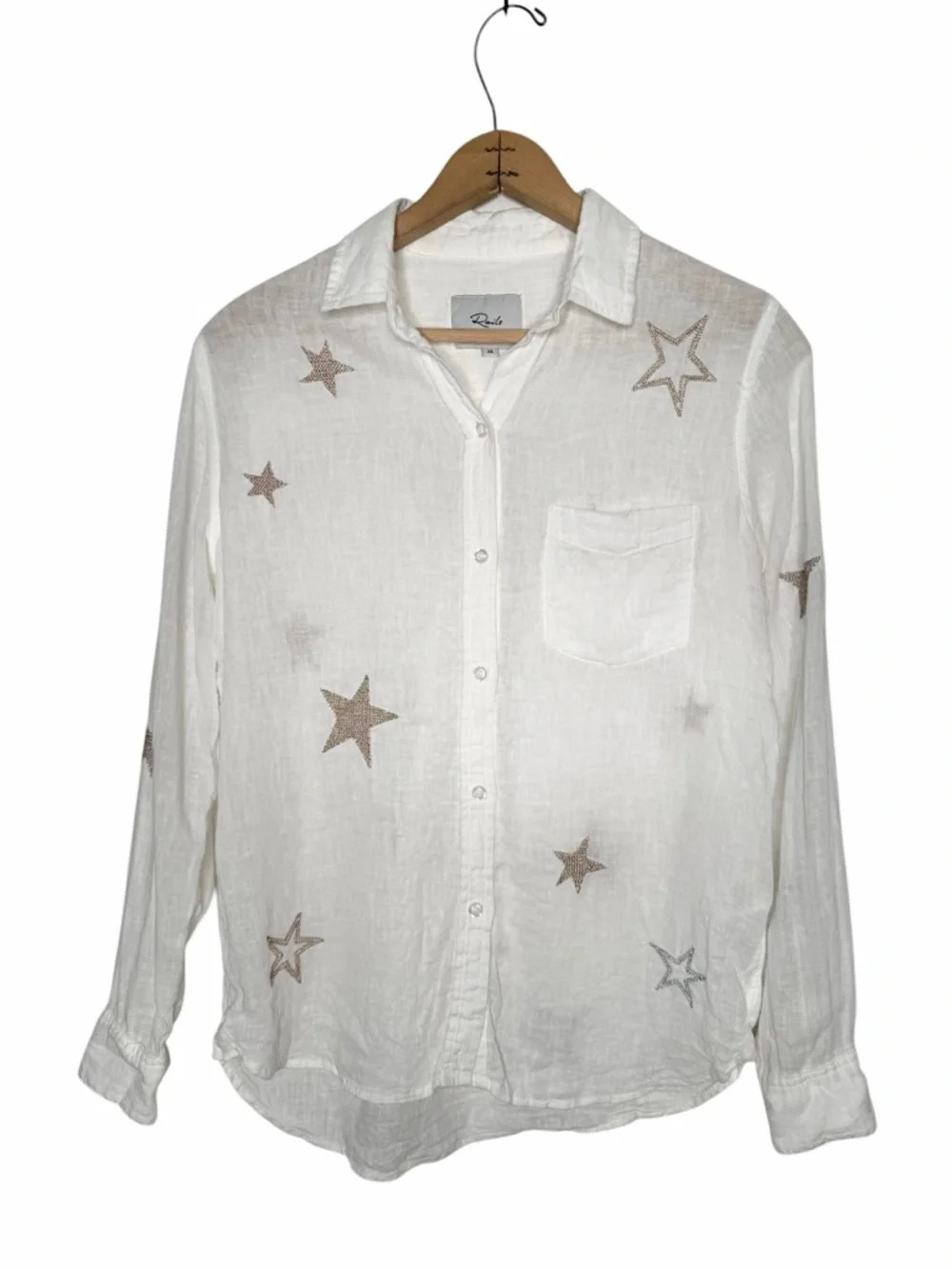 RAILS Charli White & Rose Gold Star Embroidery Linen Blend Button Down Size XS - Picture 2 of 9